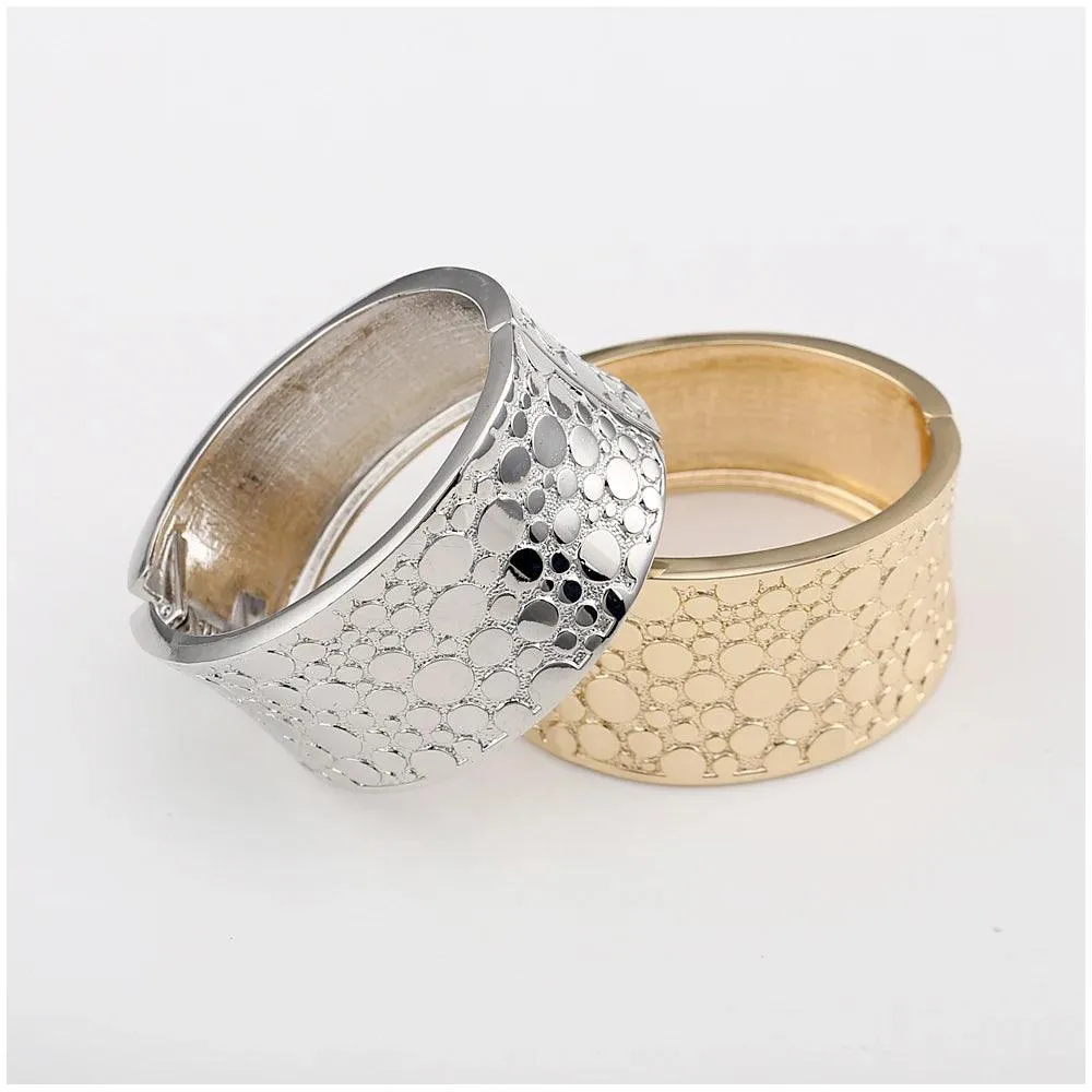 New Gold Colour Embossed Round Shape Wide Statement Bangle Cuff Bracelet for Women - Fashion Jewellery
