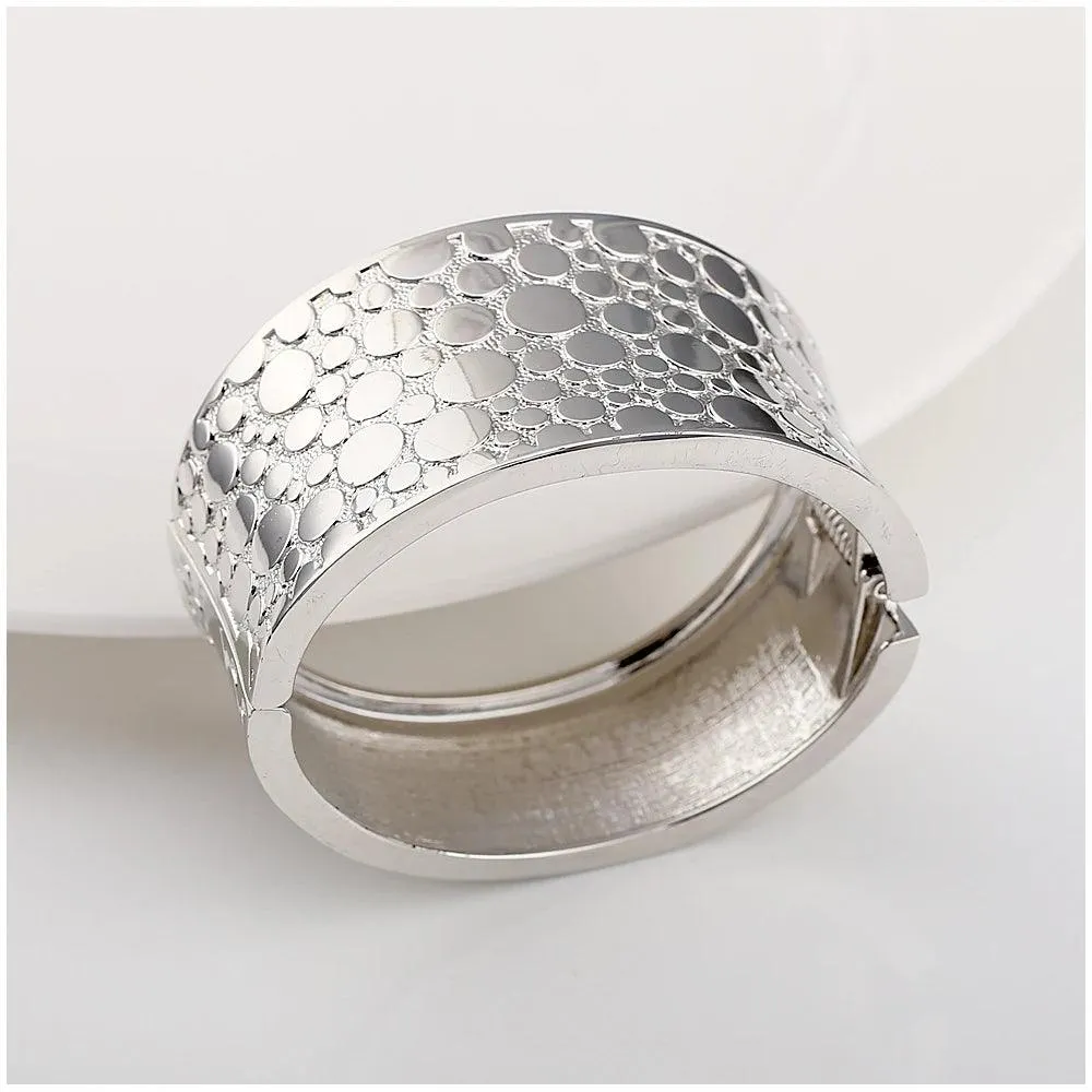 New Gold Colour Embossed Round Shape Wide Statement Bangle Cuff Bracelet for Women - Fashion Jewellery