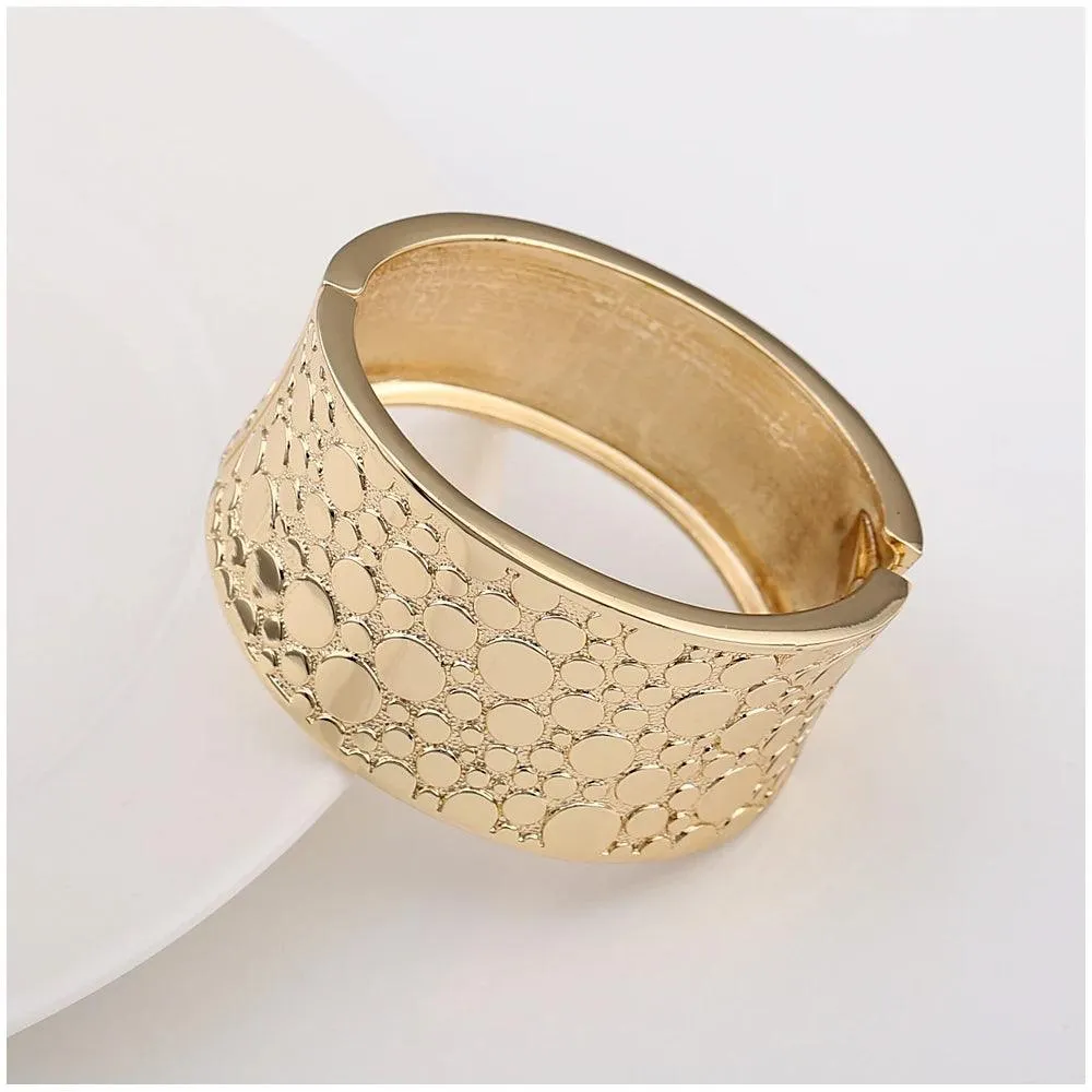 New Gold Colour Embossed Round Shape Wide Statement Bangle Cuff Bracelet for Women - Fashion Jewellery