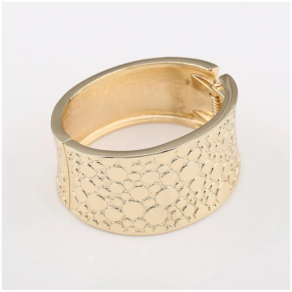 New Gold Colour Embossed Round Shape Wide Statement Bangle Cuff Bracelet for Women - Fashion Jewellery