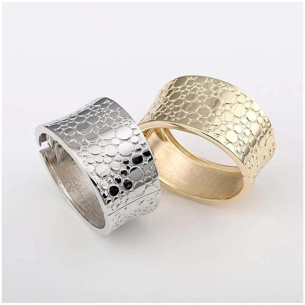 New Gold Colour Embossed Round Shape Wide Statement Bangle Cuff Bracelet for Women - Fashion Jewellery
