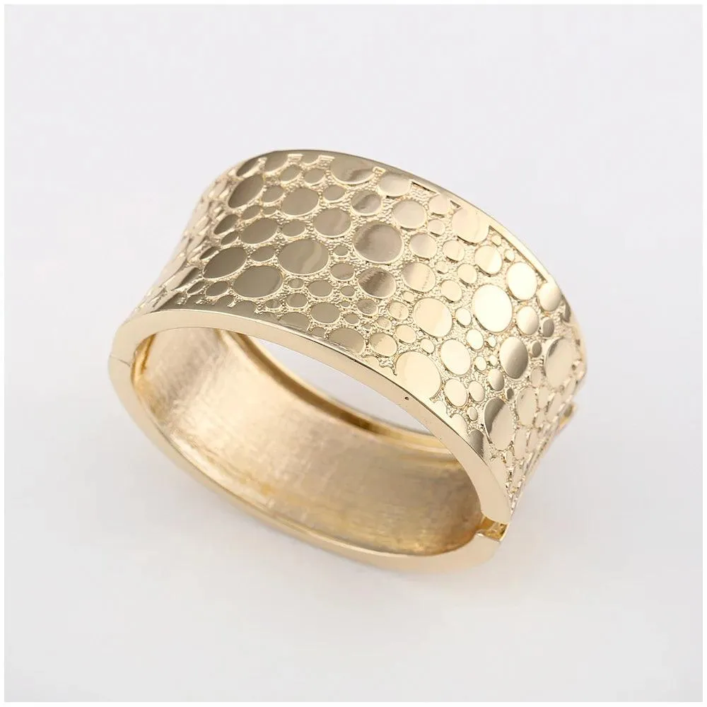 New Gold Colour Embossed Round Shape Wide Statement Bangle Cuff Bracelet for Women - Fashion Jewellery