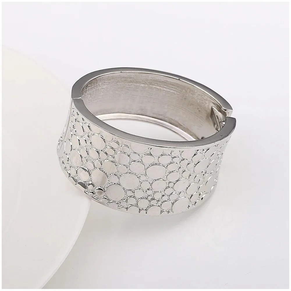 New Gold Colour Embossed Round Shape Wide Statement Bangle Cuff Bracelet for Women - Fashion Jewellery