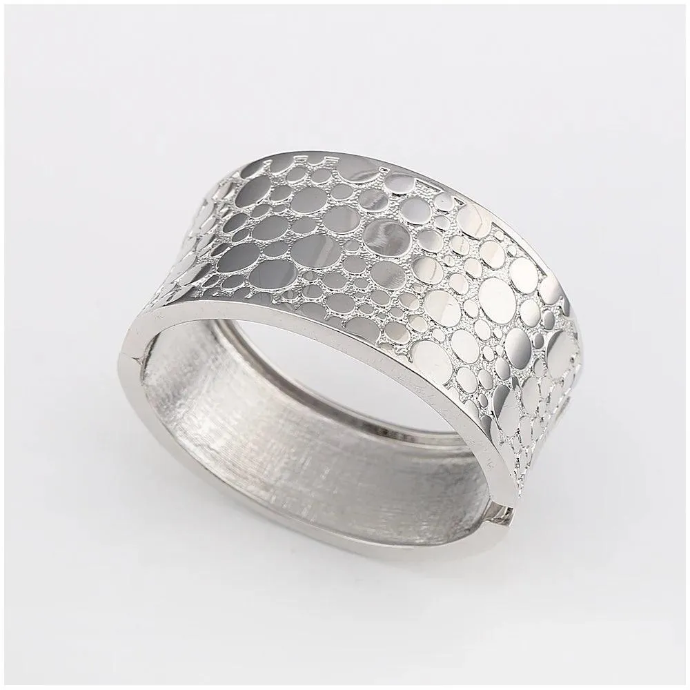 New Gold Colour Embossed Round Shape Wide Statement Bangle Cuff Bracelet for Women - Fashion Jewellery