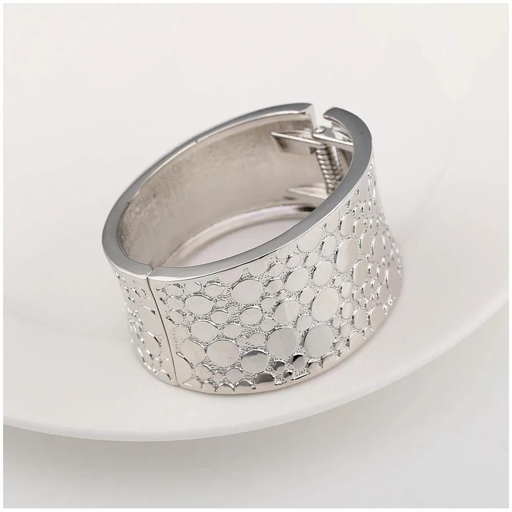 New Gold Colour Embossed Round Shape Wide Statement Bangle Cuff Bracelet for Women - Fashion Jewellery
