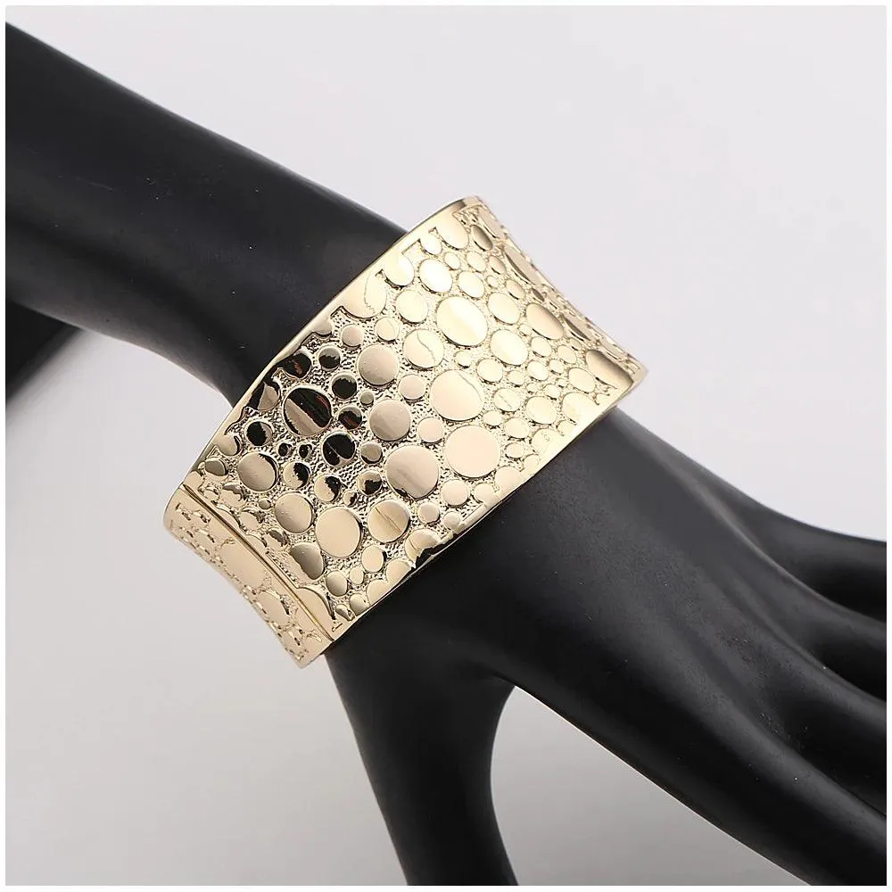 New Gold Colour Embossed Round Shape Wide Statement Bangle Cuff Bracelet for Women - Fashion Jewellery
