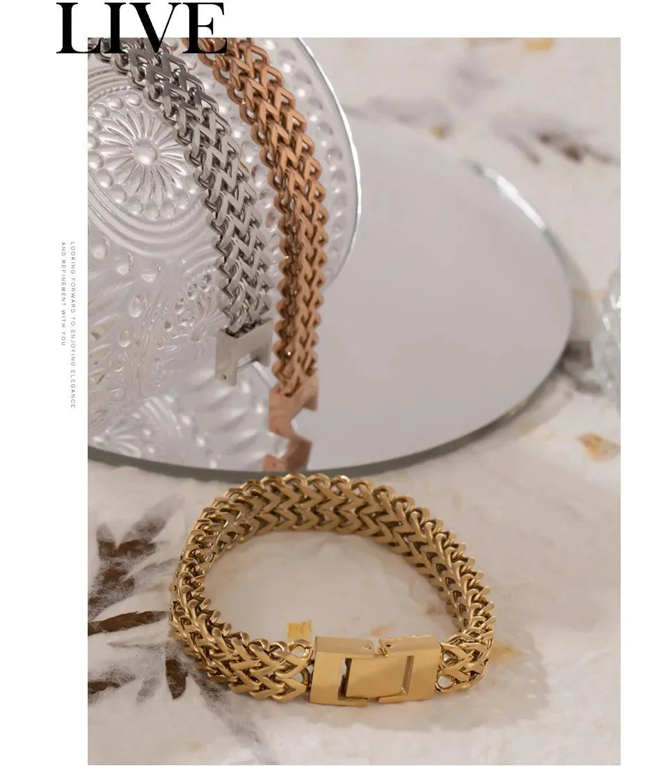 New Stainless Steel Cuban Link Chain Unisex Bracelet Bangle - 18K Plated Gold Heavy Metal Fashion Jewellery