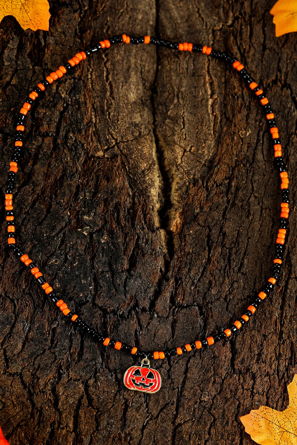 Orange Pumpkin Face Pendant Rice Beaded Halloween Necklace