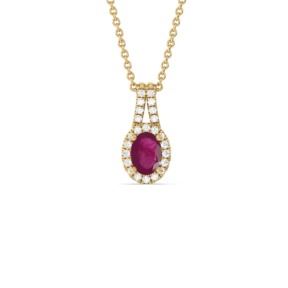 Oval Ruby and Lab Diamond Classic Halo Pendant With Studded Split Bale