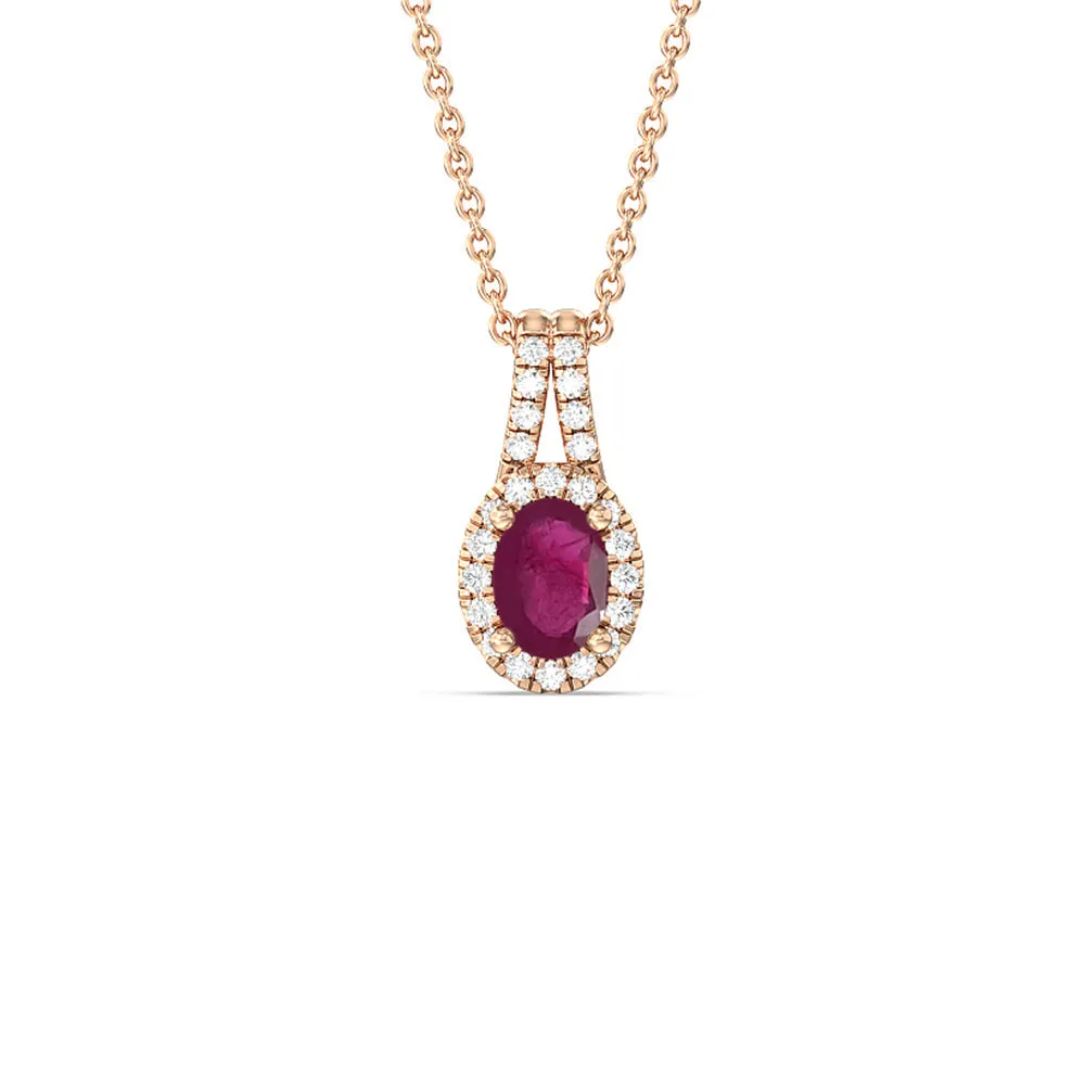 Oval Ruby and Lab Diamond Classic Halo Pendant With Studded Split Bale