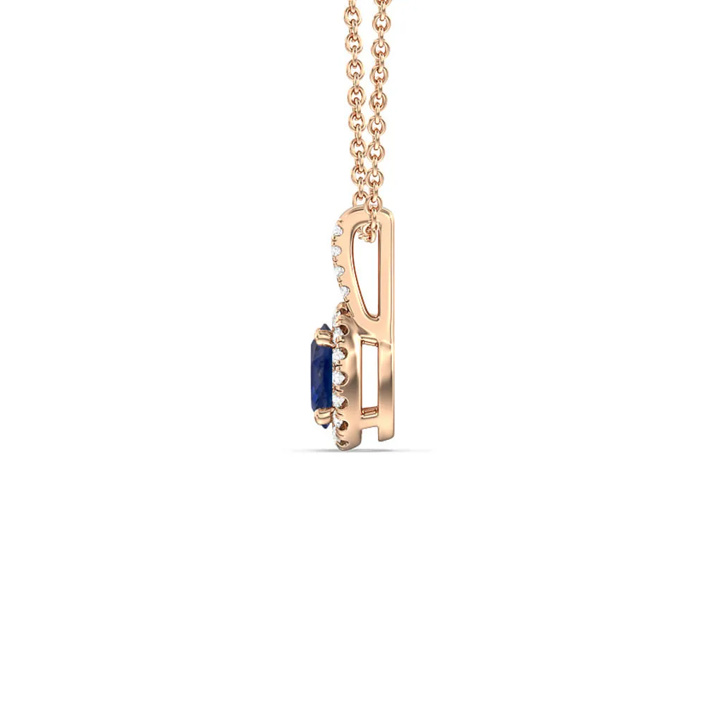 Oval Sapphire and Lab Diamond Classic Halo Pendant With Studded Split Bale