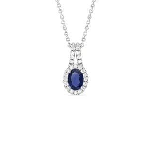 Oval Sapphire and Lab Diamond Classic Halo Pendant With Studded Split Bale