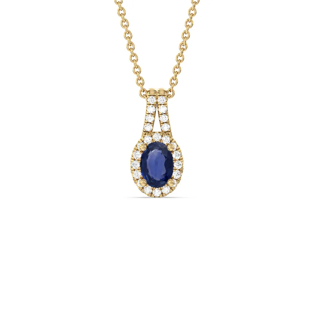 Oval Sapphire and Lab Diamond Classic Halo Pendant With Studded Split Bale