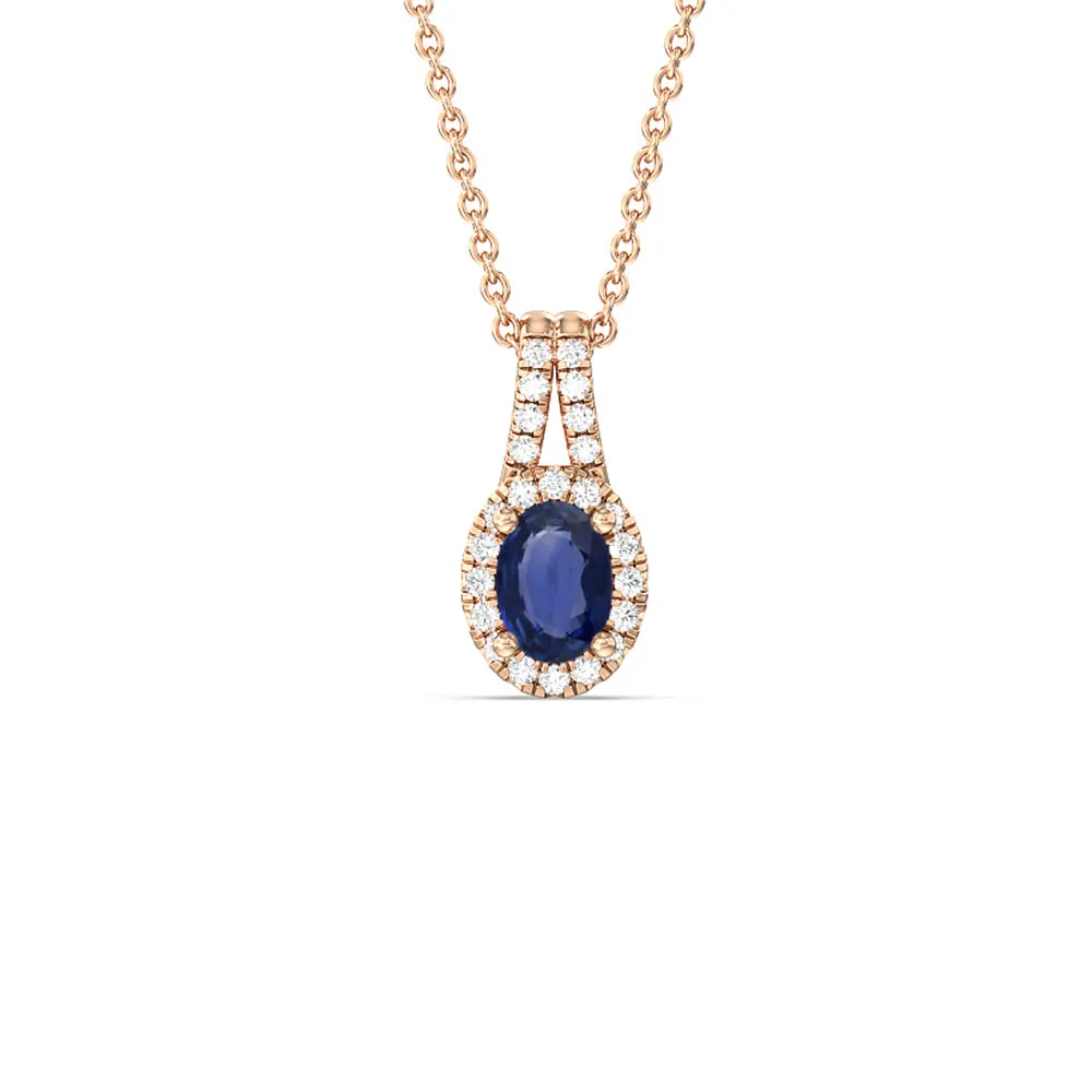 Oval Sapphire and Lab Diamond Classic Halo Pendant With Studded Split Bale