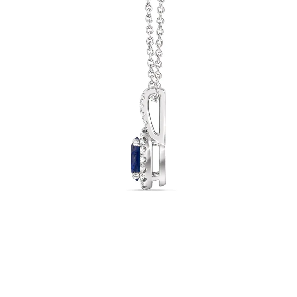 Oval Sapphire and Lab Diamond Classic Halo Pendant With Studded Split Bale
