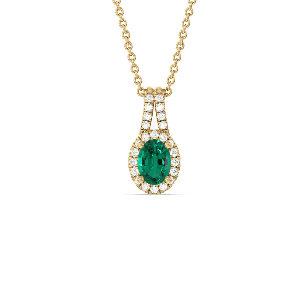 Oval Shape Created Emerald and Lab Diamond Classic Halo Pendant With Studded Split Bale