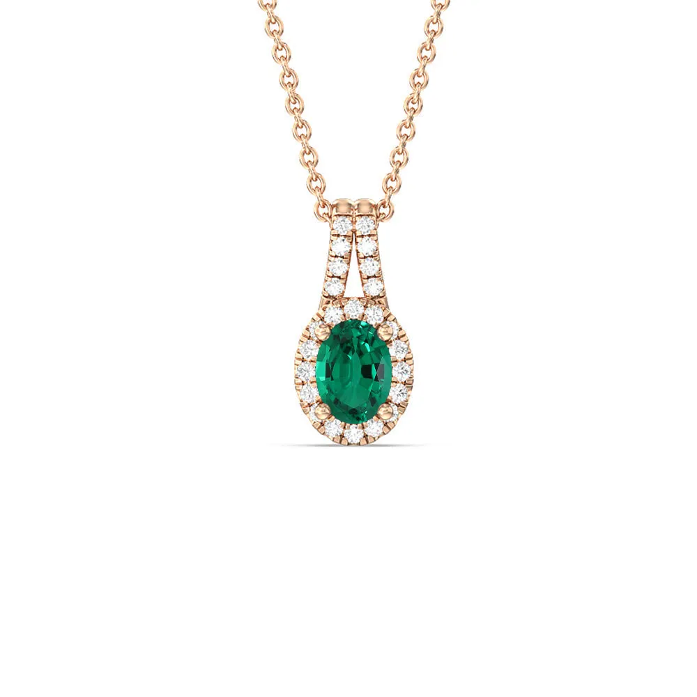 Oval Shape Created Emerald and Lab Diamond Classic Halo Pendant With Studded Split Bale