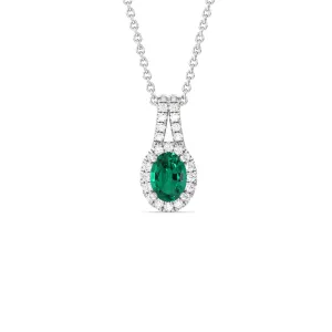 Oval Shape Created Emerald and Lab Diamond Classic Halo Pendant With Studded Split Bale