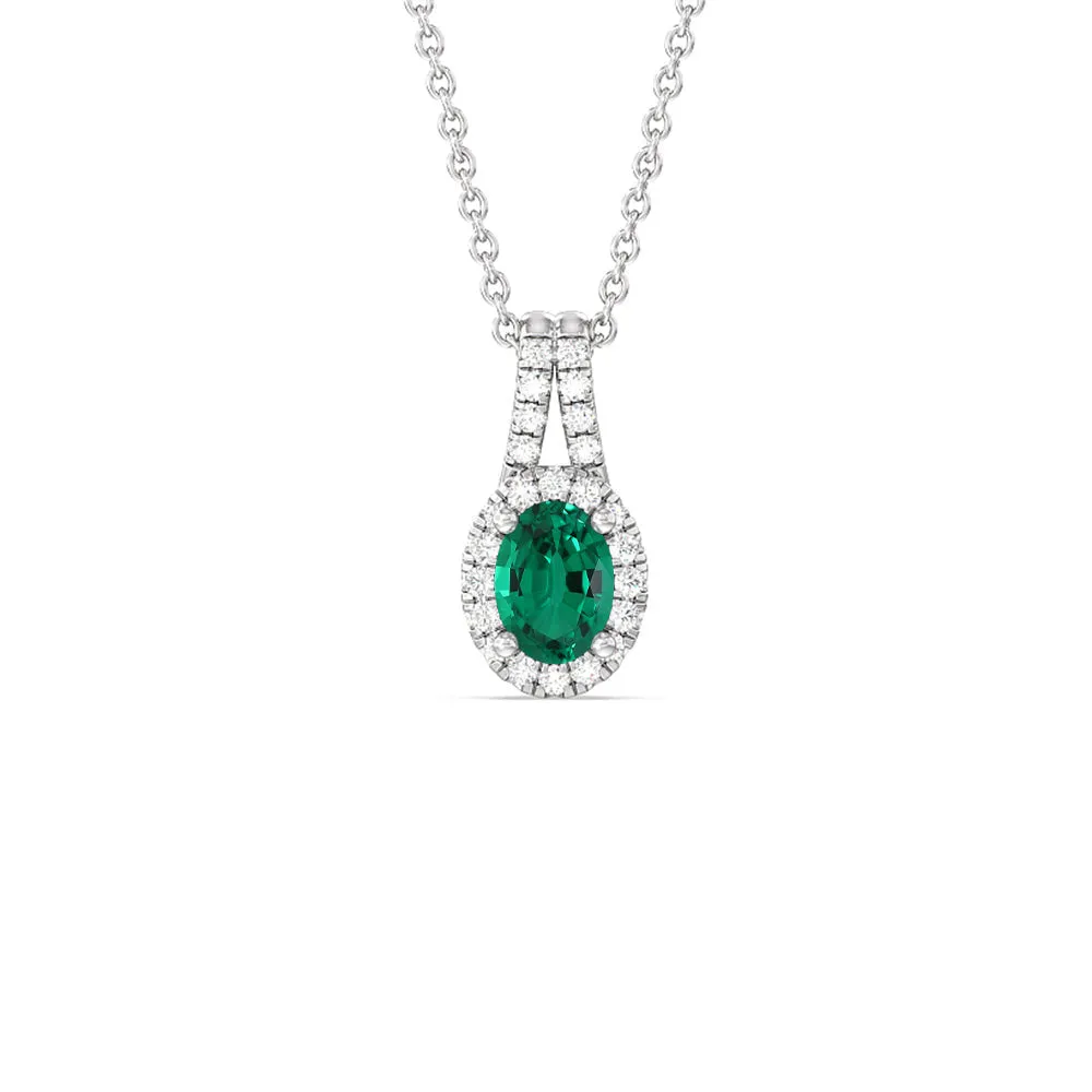 Oval Shape Created Emerald and Lab Diamond Classic Halo Pendant With Studded Split Bale