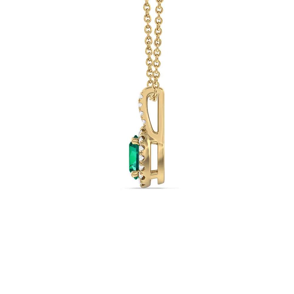 Oval Shape Created Emerald and Lab Diamond Classic Halo Pendant With Studded Split Bale