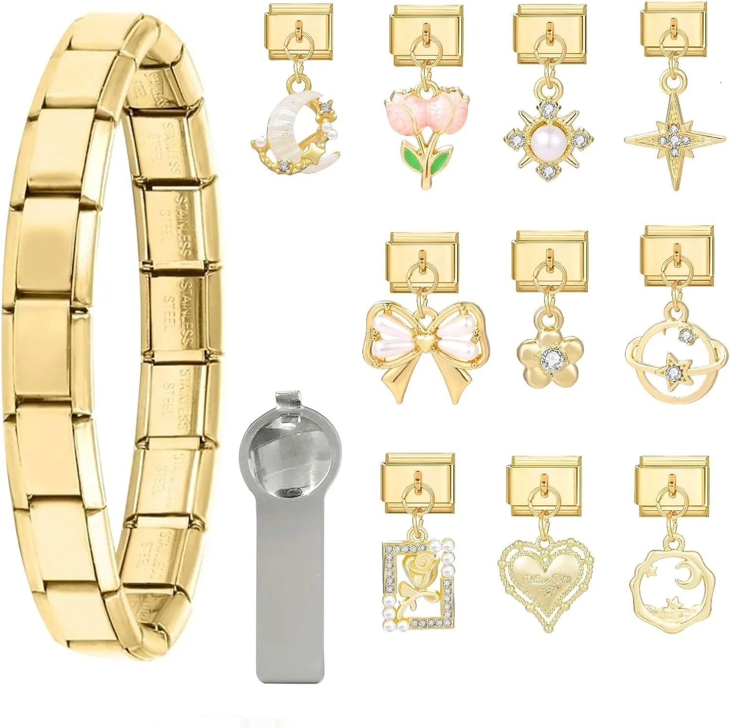 papasgix Italian Charm Bracelet Gold Set with Starter Brascelet, Assorted Charms and Opening Tools, 9mm Modular Italian Charm Bracelet Links Handmade DIY Jewelry Gifts Diamond Pendant