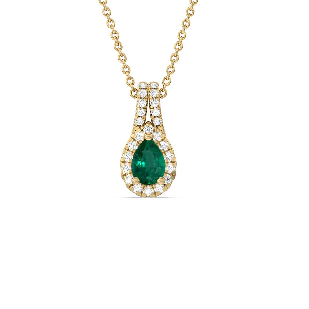 Pear Shape Emerald and Lab Diamond Classic Halo Pendant With Studded Split Bale