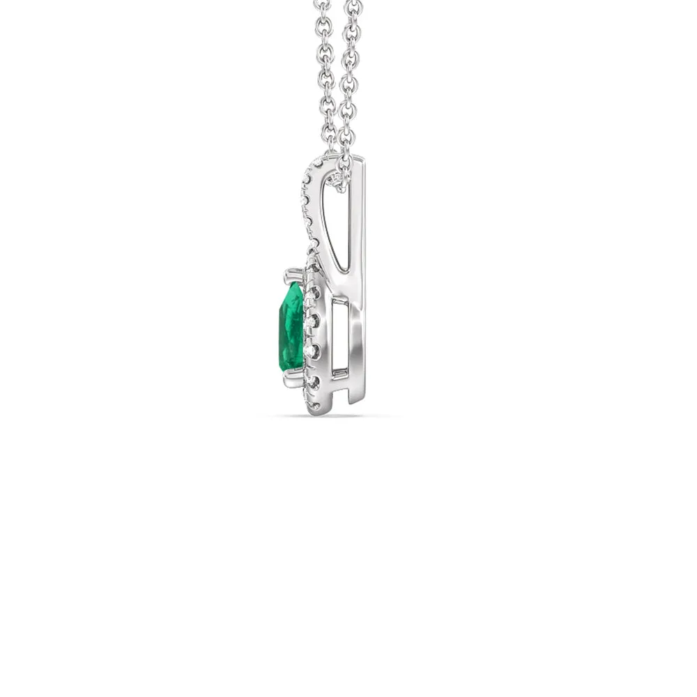Pear Shape Emerald and Lab Diamond Classic Halo Pendant With Studded Split Bale
