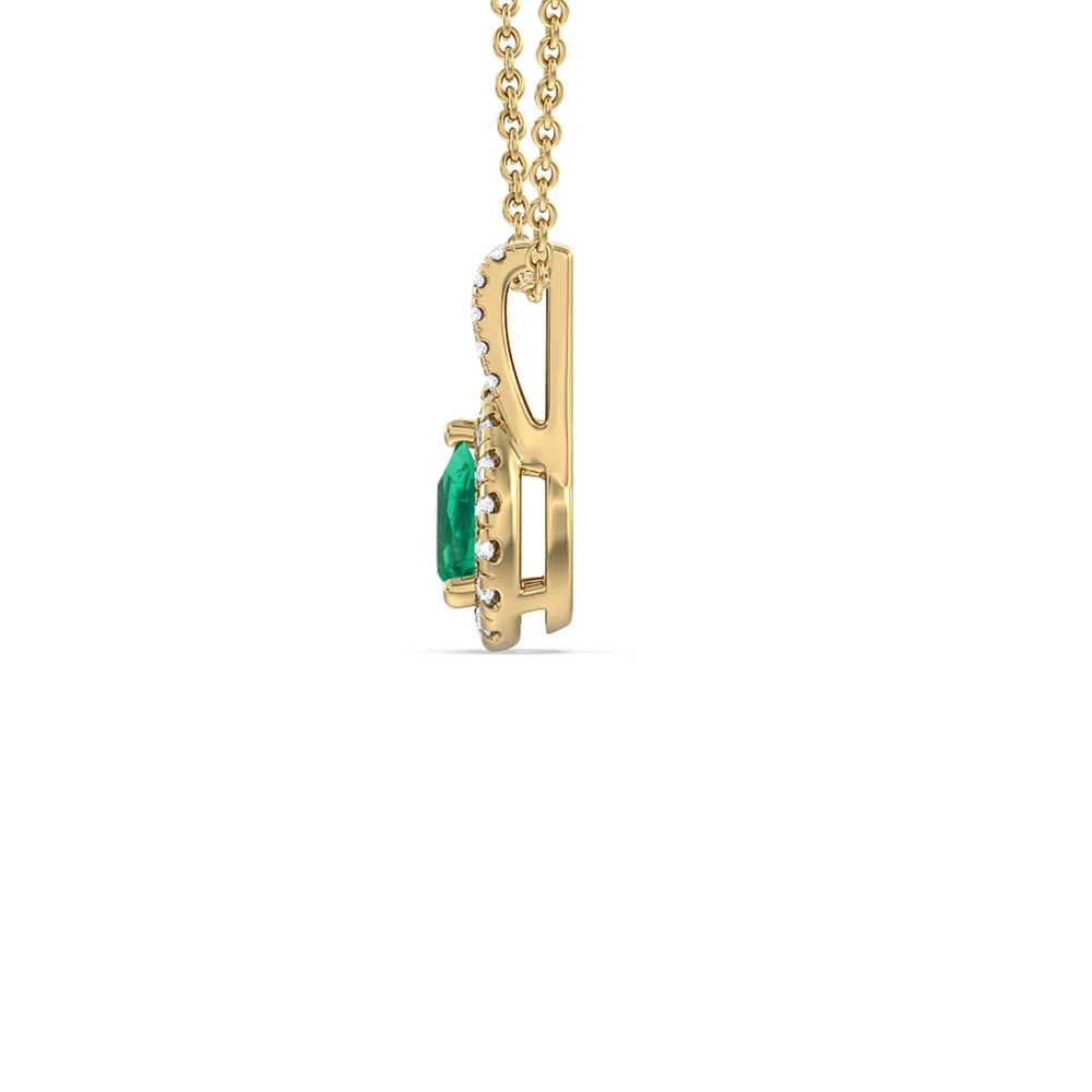 Pear Shape Emerald and Lab Diamond Classic Halo Pendant With Studded Split Bale