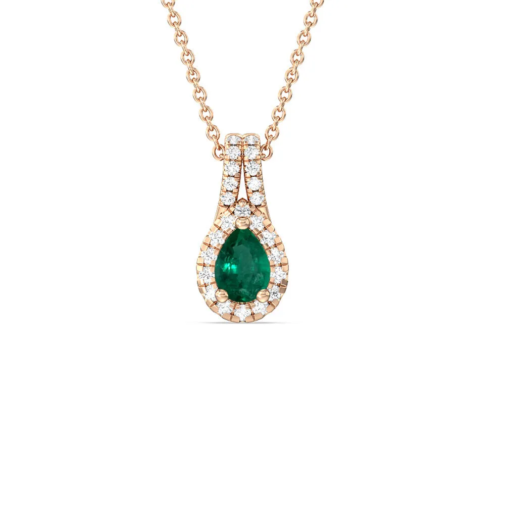 Pear Shape Emerald and Lab Diamond Classic Halo Pendant With Studded Split Bale