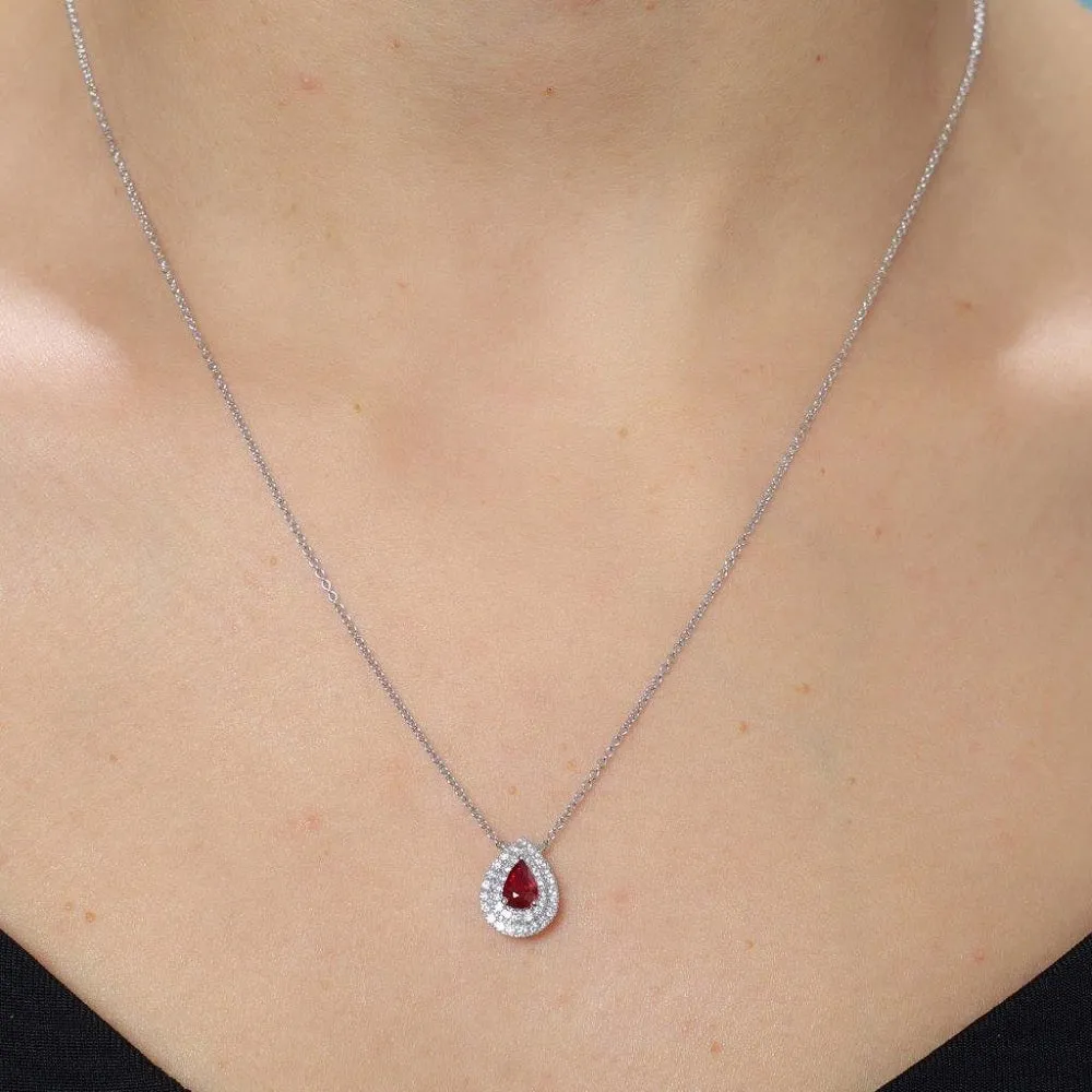 Pear Shape Red Ruby With Diamond Halo Necklace (0.73 ct.) in 18K Gold
