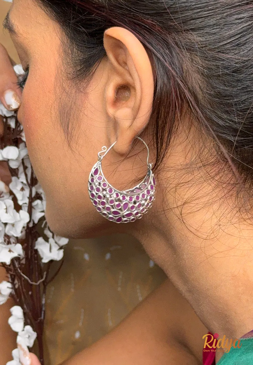 Pink Crystal Crescent Shaped Bali Earrings