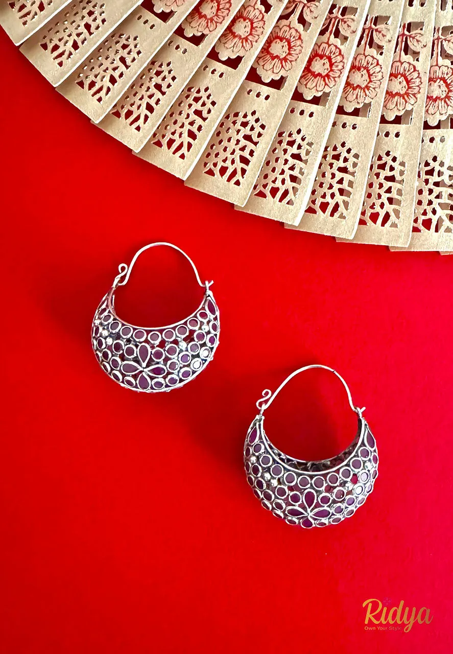 Pink Crystal Crescent Shaped Bali Earrings