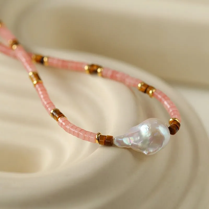 Pink Quartz Baroque Pearl Bead Necklace
