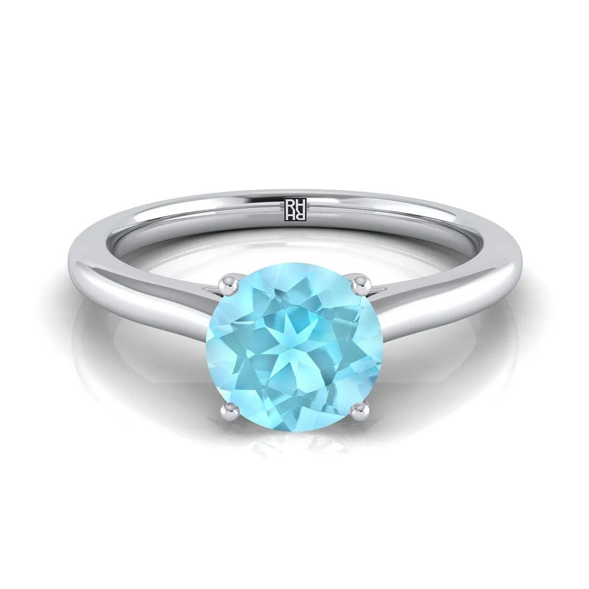 Platinum Round Brilliant Aquamarine Pinched Comfort Fit Claw Prong Solitaire Engagement Ring