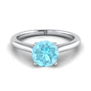 Platinum Round Brilliant Aquamarine Pinched Comfort Fit Claw Prong Solitaire Engagement Ring