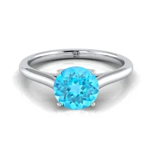 Platinum Round Brilliant Swiss Blue Topaz Cathedral Style Comfort Fit Solitaire Engagement Ring