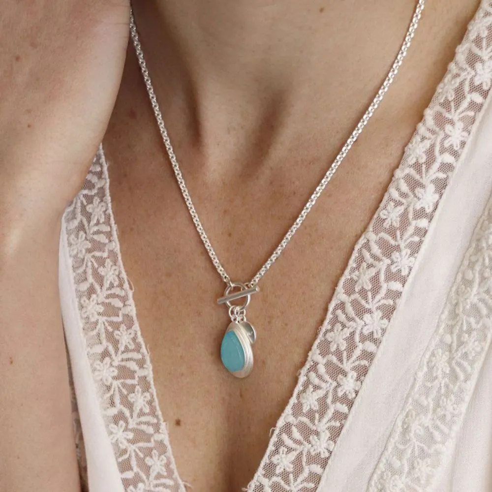 POM Silver Plated Aqua Stone Teardrop T-Bar Necklace