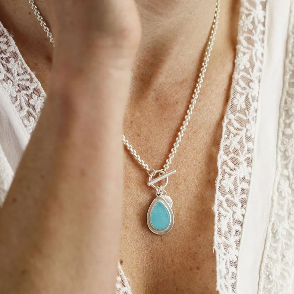 POM Silver Plated Aqua Stone Teardrop T-Bar Necklace
