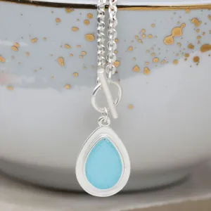 POM Silver Plated Aqua Stone Teardrop T-Bar Necklace