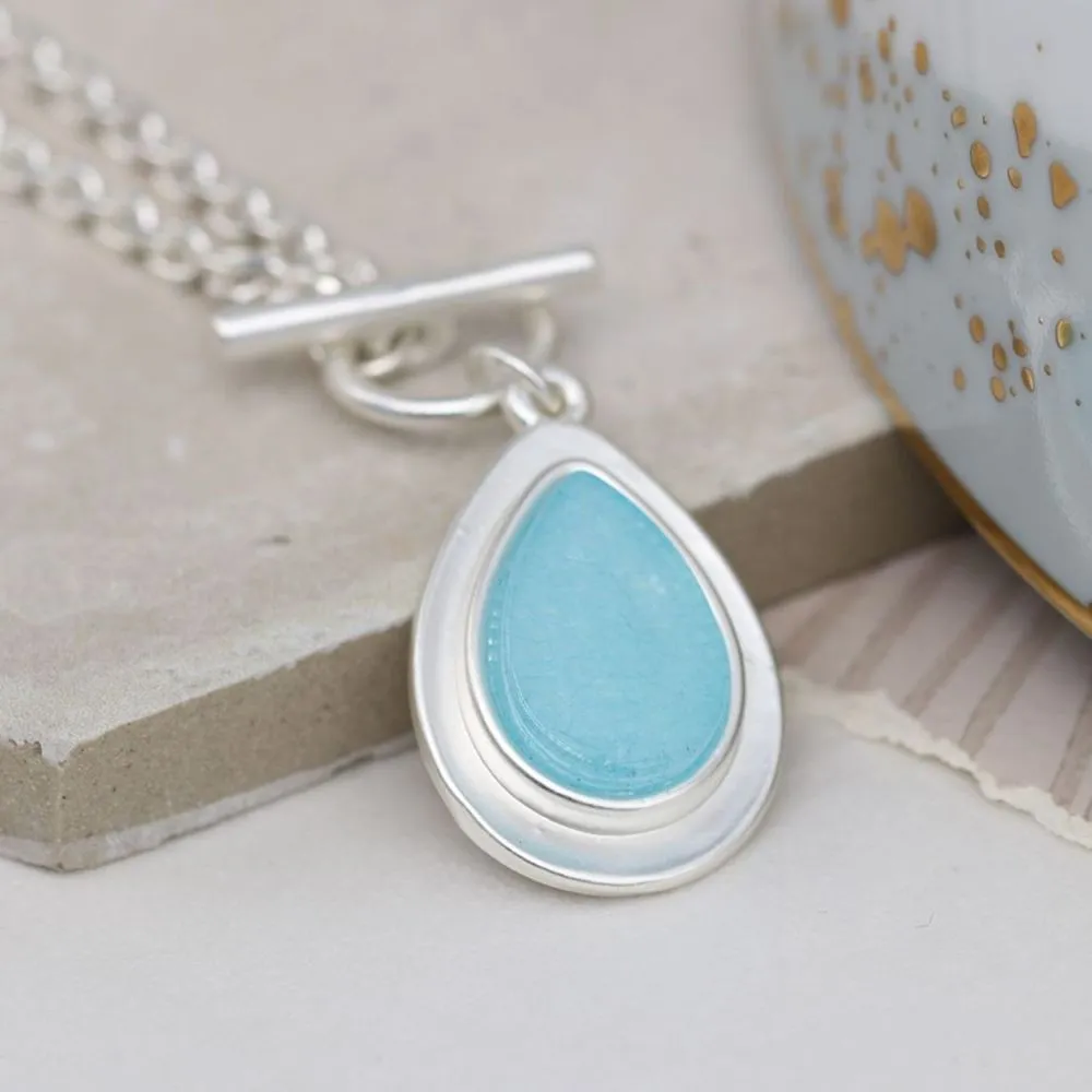 POM Silver Plated Aqua Stone Teardrop T-Bar Necklace