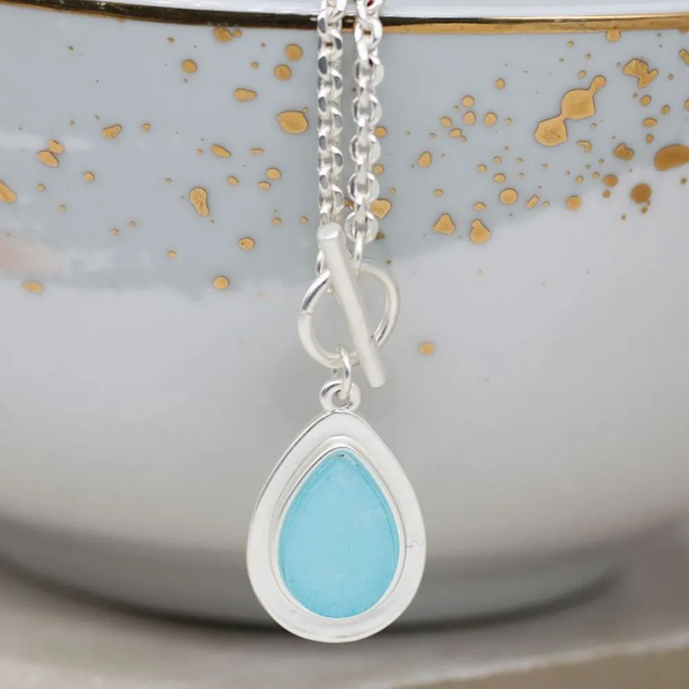 POM Silver Plated Aqua Stone Teardrop T-Bar Necklace