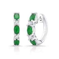 Precious 1.27ct Oval Emerald and 0.27ct Round Diamond Hoop Earrings in 18K White Gold