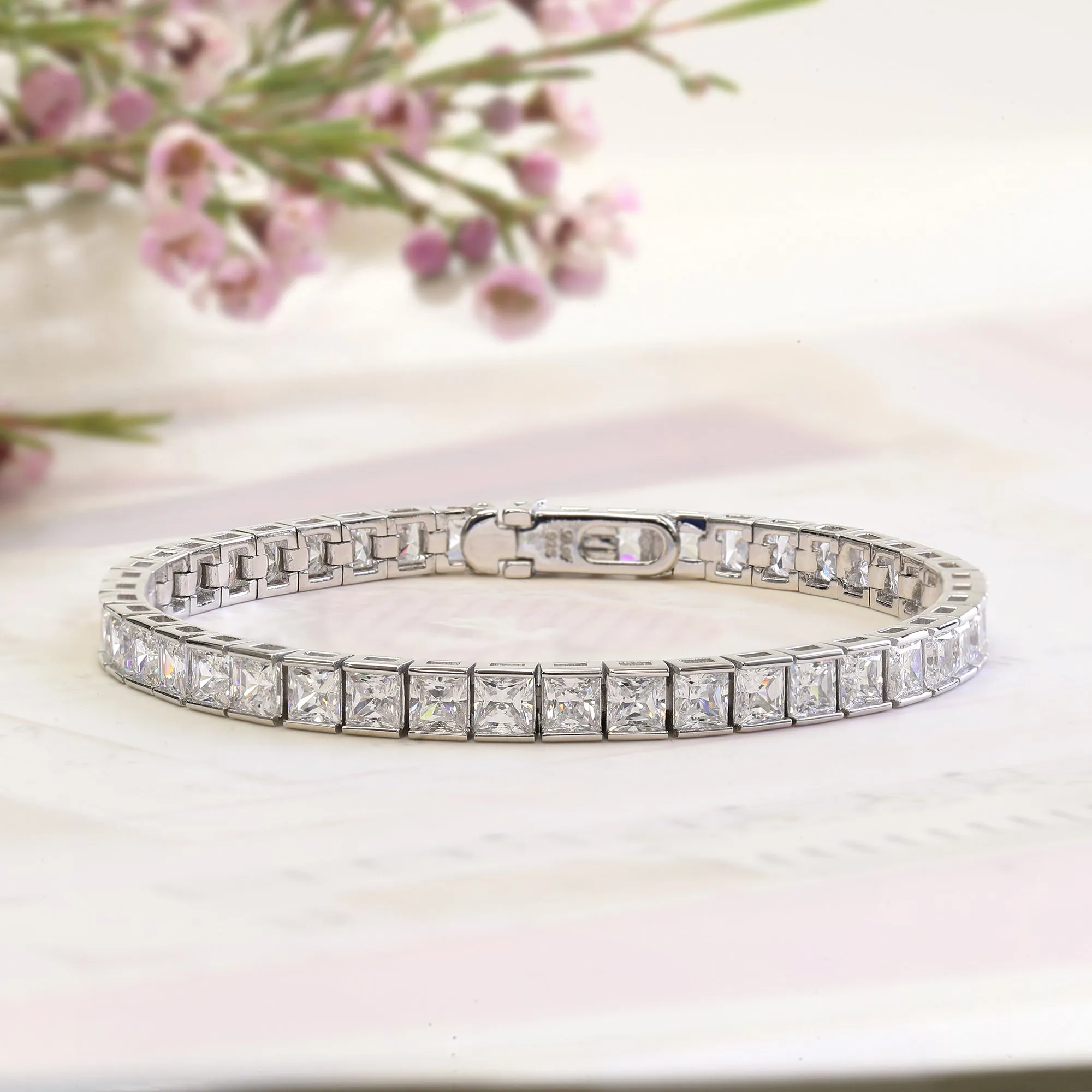 Princess Tennis Bracelet, Platinum Plated Sterling Silver