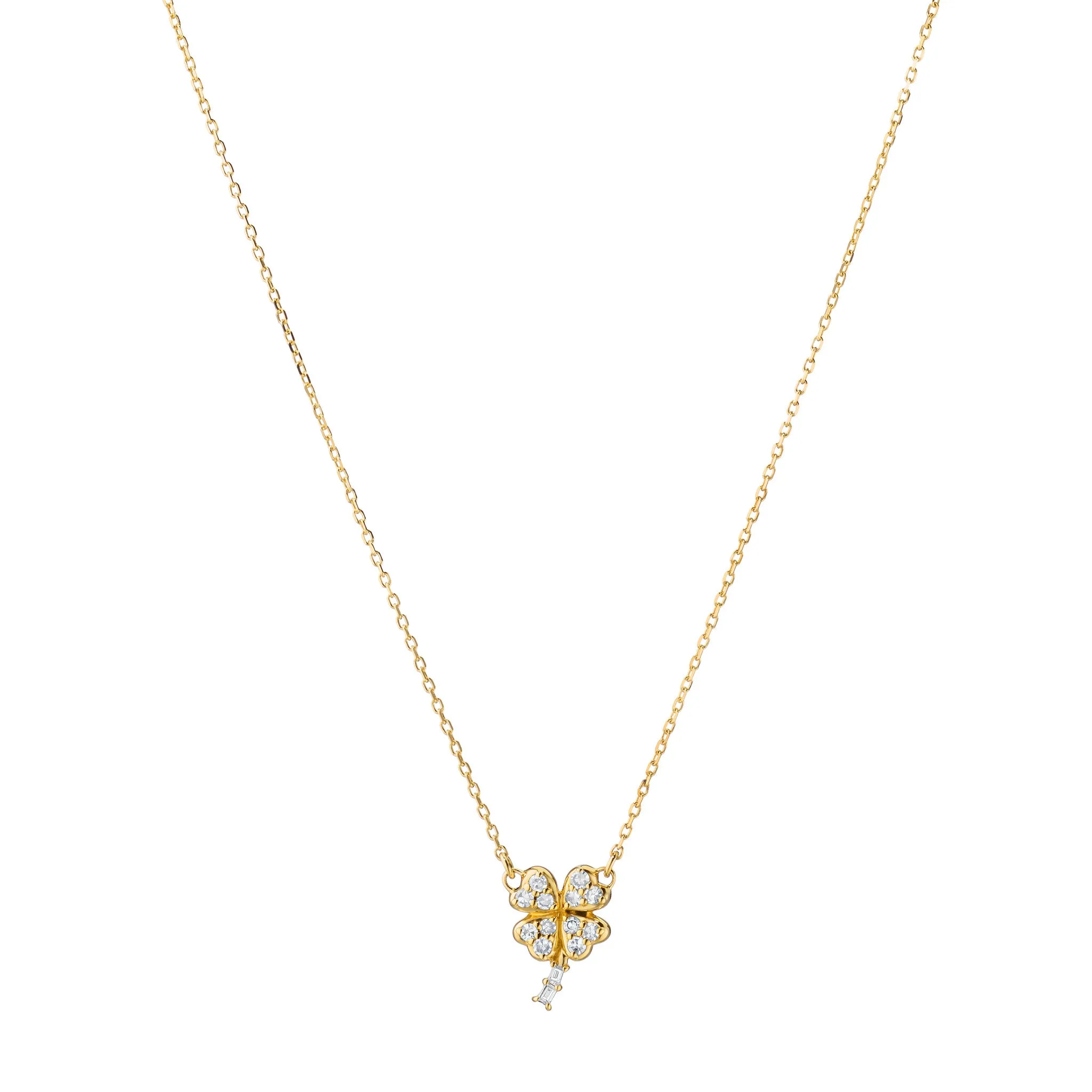 Reclaimed 18K Yellow Gold and Round and Baguette Diamond Clover Necklace