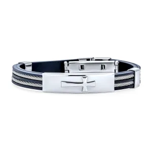 Religious Cross ID Bracelet for Men Silver Stainless Steel & Black Silicone Band