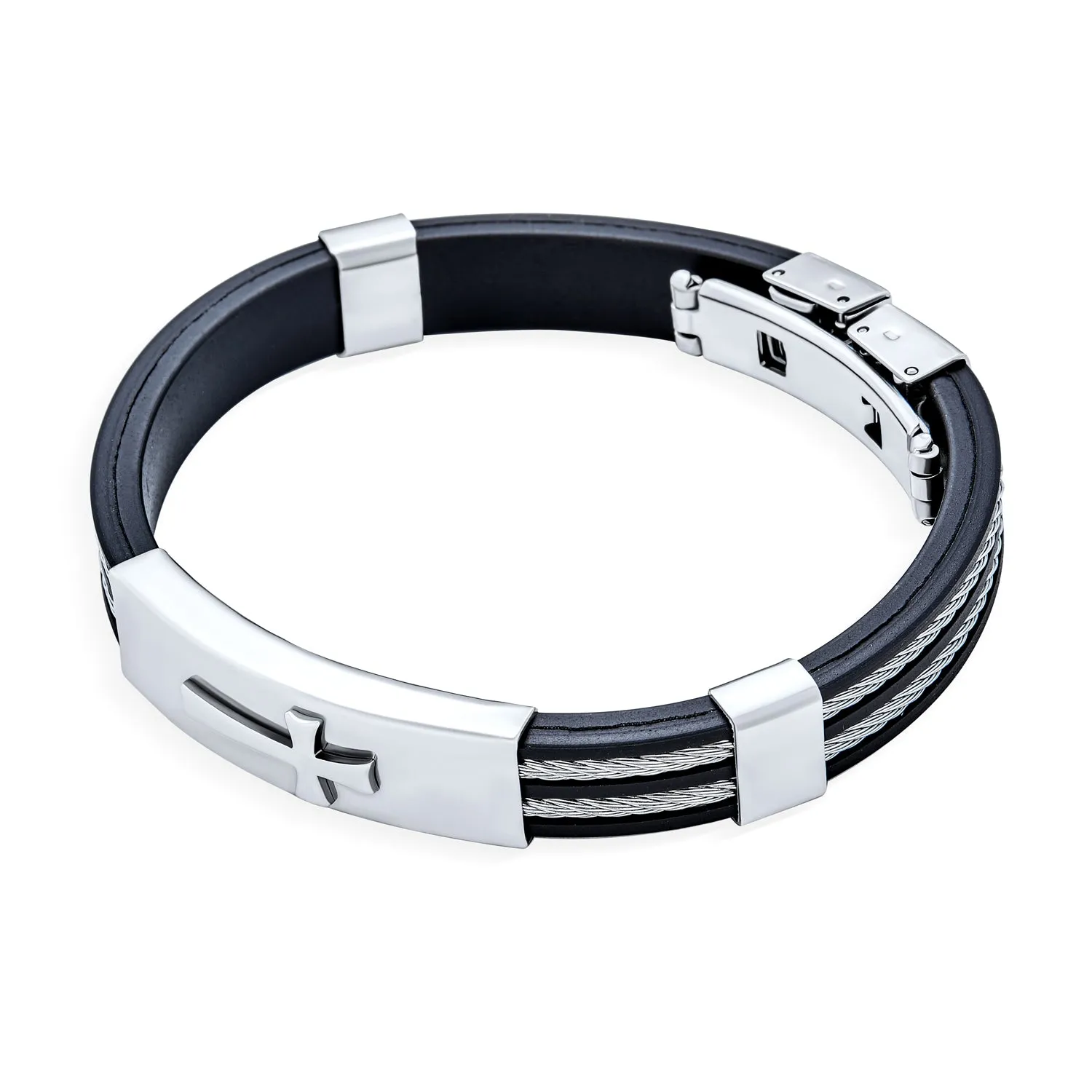 Religious Cross ID Bracelet for Men Silver Stainless Steel & Black Silicone Band