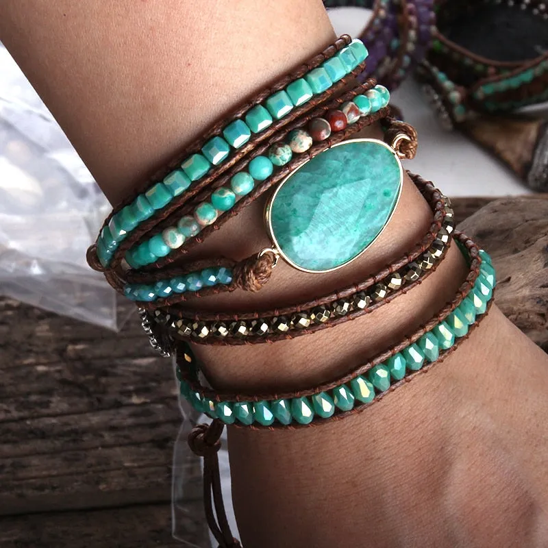 RH Fashion Leather Boho Armbander Green Mixed Natural Stones Charm 5 Strands Beaded Wrap Bracelets DropShipping