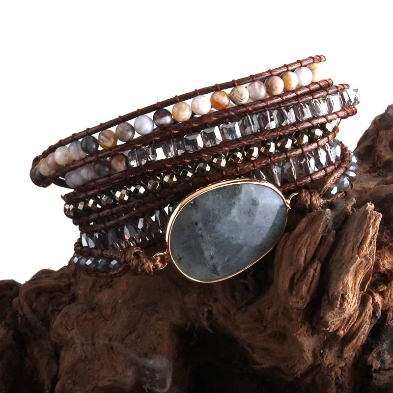 RH Fashion Leather Boho Armbander Green Mixed Natural Stones Charm 5 Strands Beaded Wrap Bracelets DropShipping