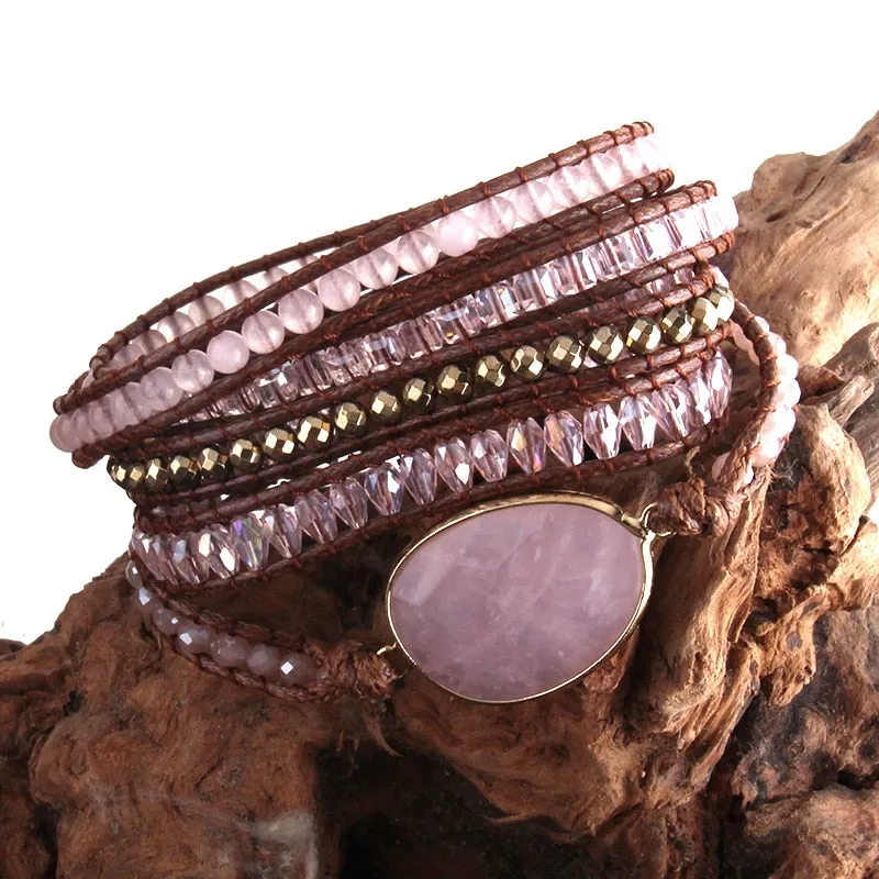 RH Fashion Leather Boho Armbander Green Mixed Natural Stones Charm 5 Strands Beaded Wrap Bracelets DropShipping