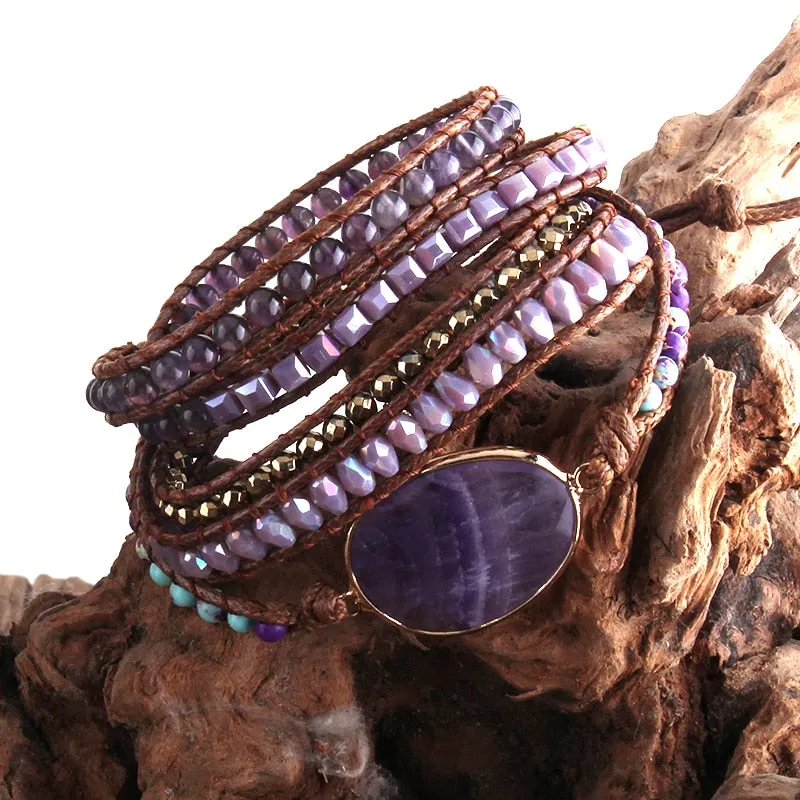 RH Fashion Leather Boho Armbander Green Mixed Natural Stones Charm 5 Strands Beaded Wrap Bracelets DropShipping